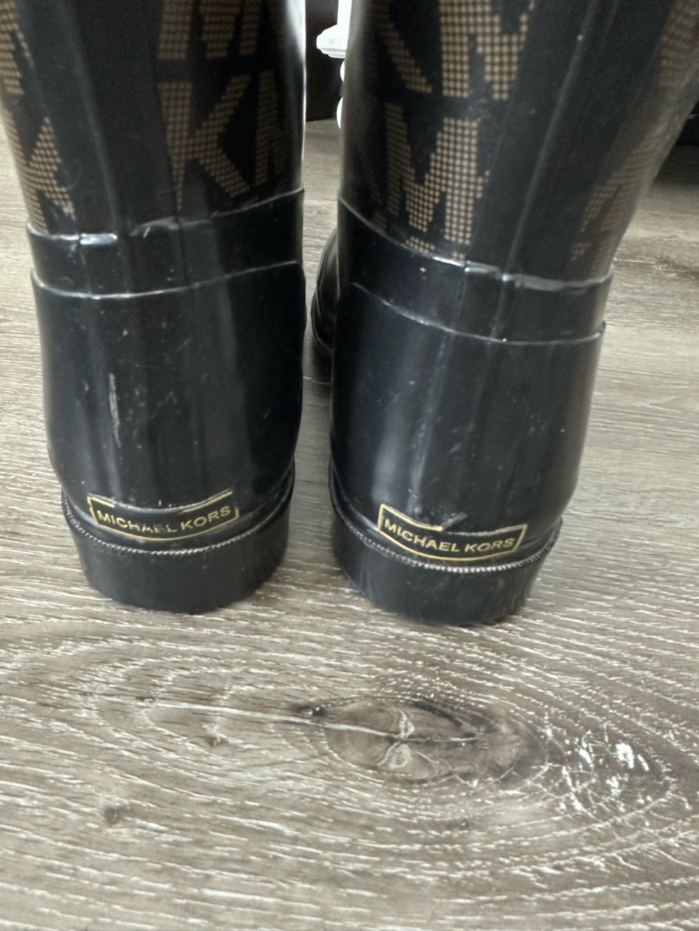 Women Michael Kors Black and Brown MK Logo Rain Boots - Picture 4 of 10